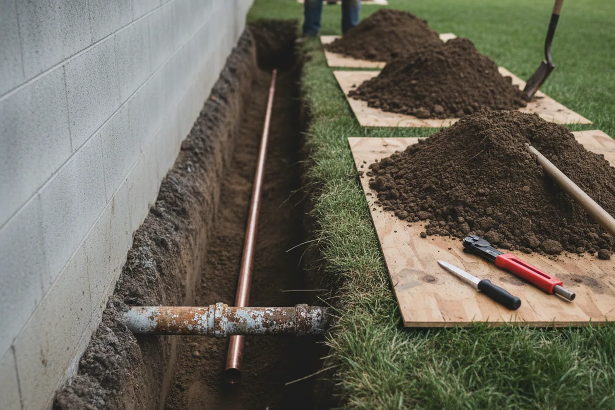 Excavated water line trench during Water Softener Installation in Whitethorn